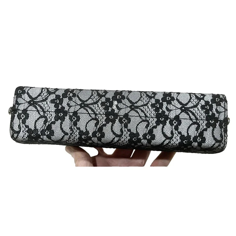 Elegant Vintage-style Black Lace Silver Clutch Purse Handbag 8.5 In Wedding Prom